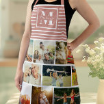 Delantal Personalizado Monograma Familia Collage de fotos R<br><div class="desc">Un regalo perfecto para el Día de la Madre,  el Cumpleaños o las Vacaciones: Un moderno delantal personalizado con diez de tus fotos favoritas personales,  así como un monograma personalizado y un nombre en la tipografía de escritura de moda. Esta es la polvorienta versión rayada rosa y blanca.</div>