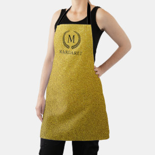 Delantal Personalizado Monograma Negro y Dorado Brillante