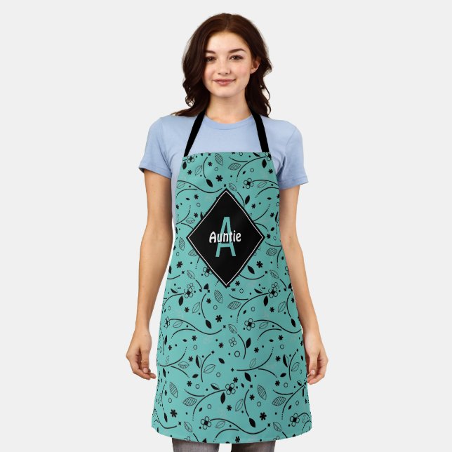Delantal Personalizado | Monograma | VERDE AZULADO | Floral (Gastado)