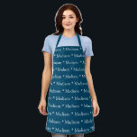 Delantal Personalizado nombre blanco azul verde azulado tex<br><div class="desc">Personalizado nombre blanco azul verde azulado texto modelo moderno Apron. puede cambiar el nombre o el texto. Excelente para cocineros,  chefs,  cerámica,  artesanía,  trabajo,  cocina,  horneado,  barbacoa,  parrilladas,  comercios y tiendas,  etc.</div>