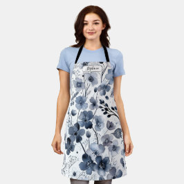 Delantal Personalizado Patrón Floral Denso de Acuarela Azul