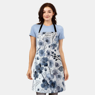 Delantal Personalizado Patrón Floral Denso de Acuarela Azul