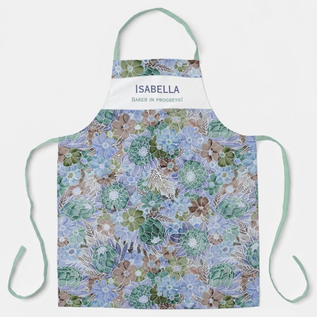 Delantal Personalizado Retro Azul Protea Y Daisy (Anverso)