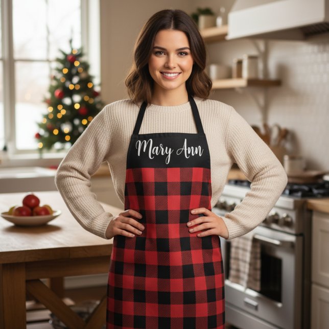 Delantal Personalizado rojo y negro de la placa de búfalo (Red and Black Buffalo Plaid Custom Apron - Great for Holiday Baking!)