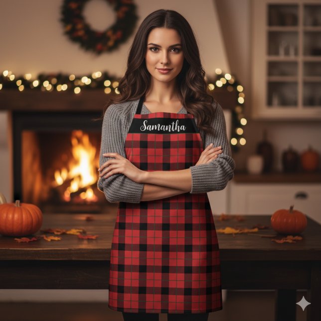 Delantal Personalizado rojo y negro de la placa de búfalo (Red and Black Buffalo Plaid Custom Apron - Perfect for Christmas Baking - Just add your name!)