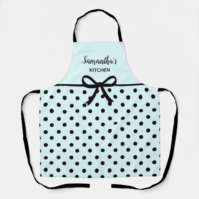Delantal Personalizado Texto Verde azulado Polka Negro Punt (Anverso)