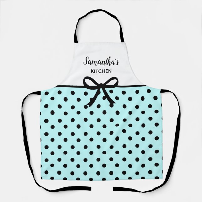Delantal Personalizado Texto Verde azulado y Polka Negro pu (Anverso)
