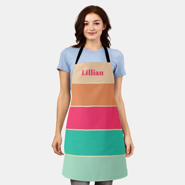 Delantal Personalizado verde rosado franjas de bloque de co (Gastado)