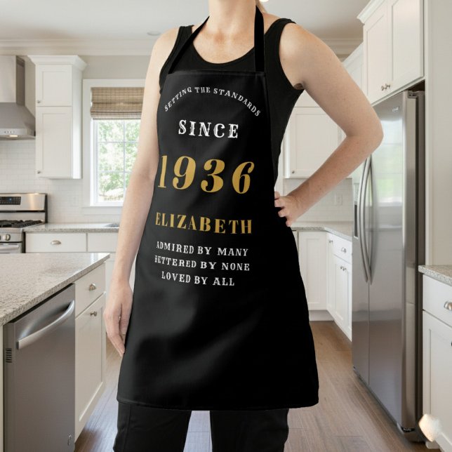 Delantal Personalized 90th Birthday 1936 Black & Gold (Apron born 1936 worn in a kitchen.)