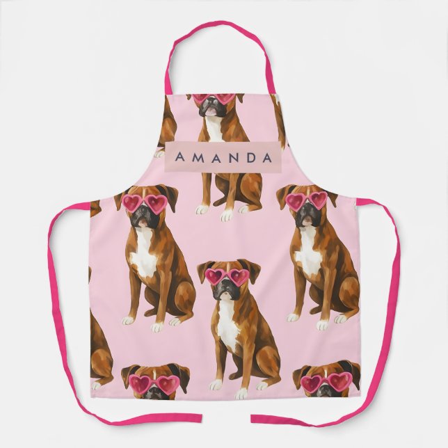 Delantal Personalized Boxer Dog with Pink Heart Glasses (Anverso)
