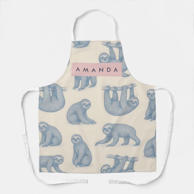 Delantal Personalized Charming Elegant Blue Sloth Pattern (Anverso)
