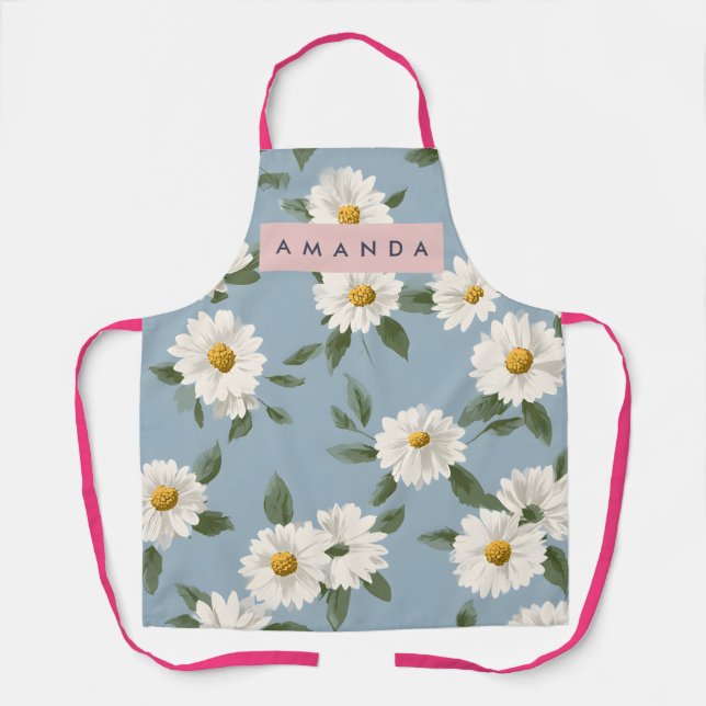 Delantal Personalized Charming White Daisies on Dusty Blue (Anverso)