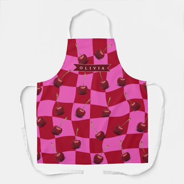 Delantal Personalized Cherry Gingham Retro Custom Name (Anverso)