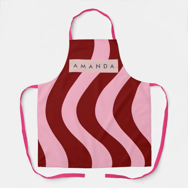 Delantal Personalized Cherry Red and Pink Wavy Stripe (Anverso)
