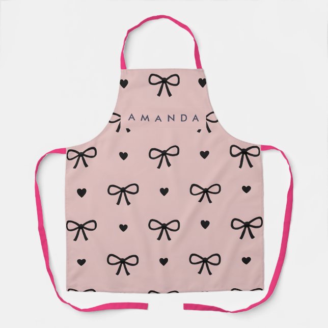 Delantal Personalized Cute Chic Pink Bow & Heart Pattern (Anverso)
