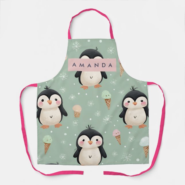 Delantal Personalized Cute Penguin & Ice Cream Pattern (Anverso)