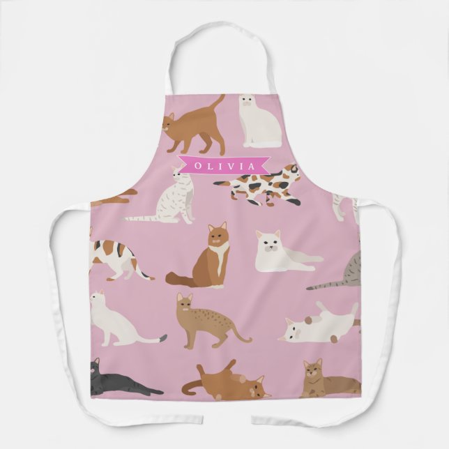 Delantal Personalized Cute Pink Cat Pattern Gift Cat Lover (Anverso)