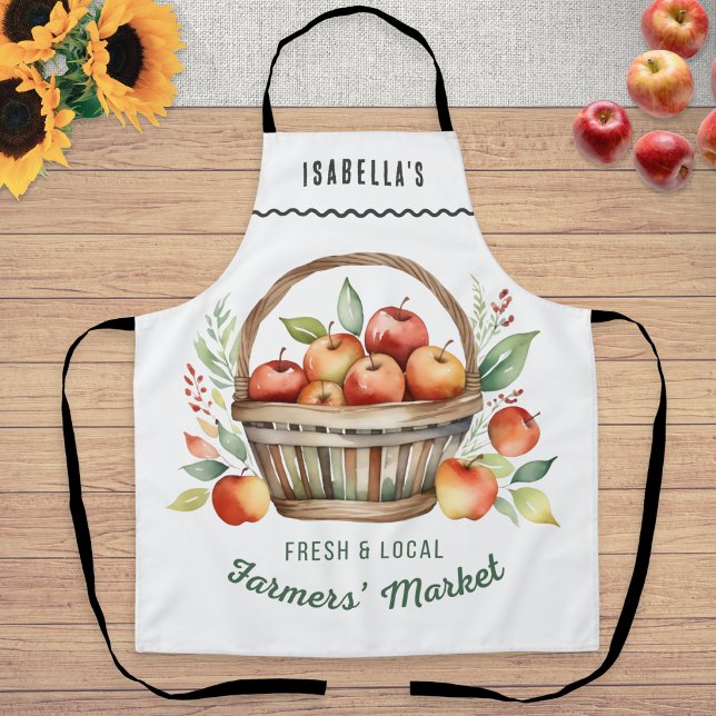 Delantal Personalized Farmers Market Rustic Apples Kitchen (A Farmers' Market themed apron with basket of apples illustration and personalized name)