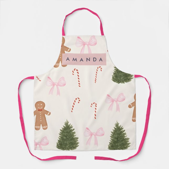 Delantal Personalized Holiday Gingerbread & Pink Bow (Anverso)