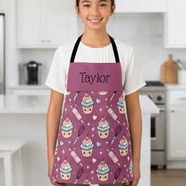 Delantal Personalized Kids Apron Kawaii Pink PurpleCupcake 