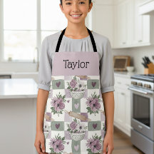 Personalized Kids Apron Vintage Floral Checkered 