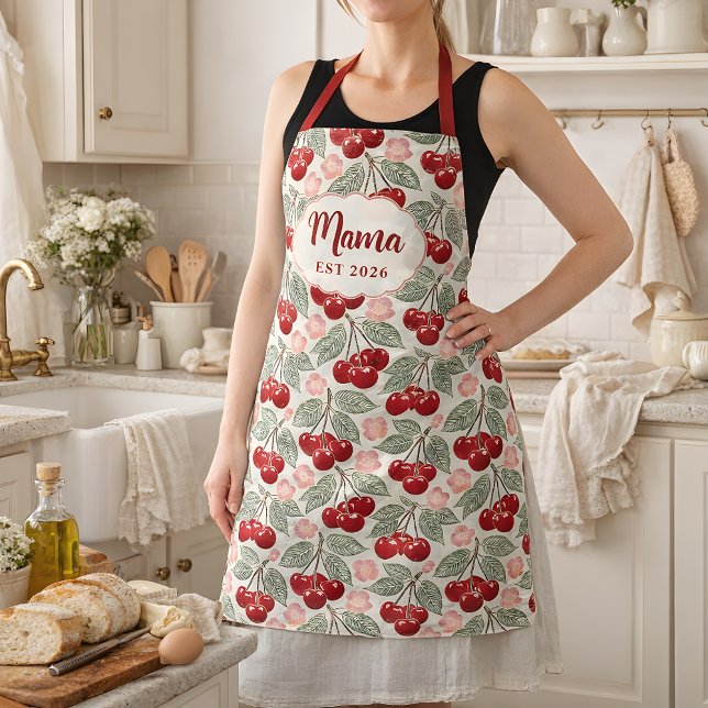 Delantal Personalized Mama Cherry Apron | Custom Name & Est (Mama Apron with Vintage Cherry Pattern.  Personalized Mama EST Apron- great gift for new moms)
