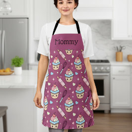 Delantal Personalized Mom Apron Kawaii Pink Blue Cupcake