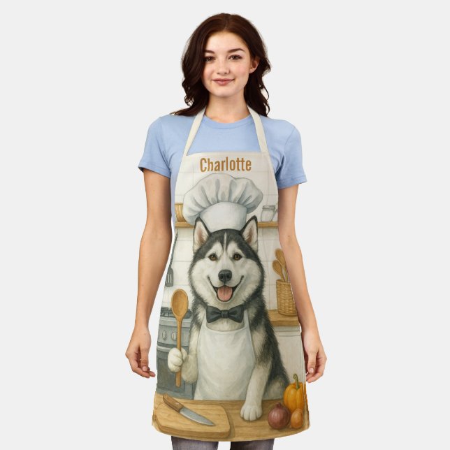 Delantal Personalized Name Funny Siberian Husky Dog Chef (Gastado)