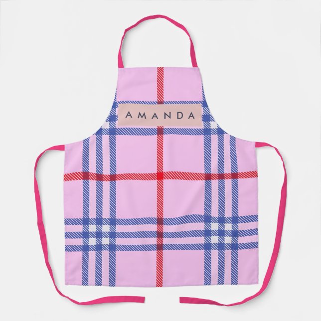 Delantal Personalized Pastel Pink Plaid with Red and Blue (Anverso)