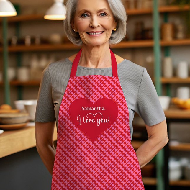 Delantal Personalized Pink and Red Hearts Valentine Love U (Personalized Pink and Red Hearts Valentine Love U Apron)