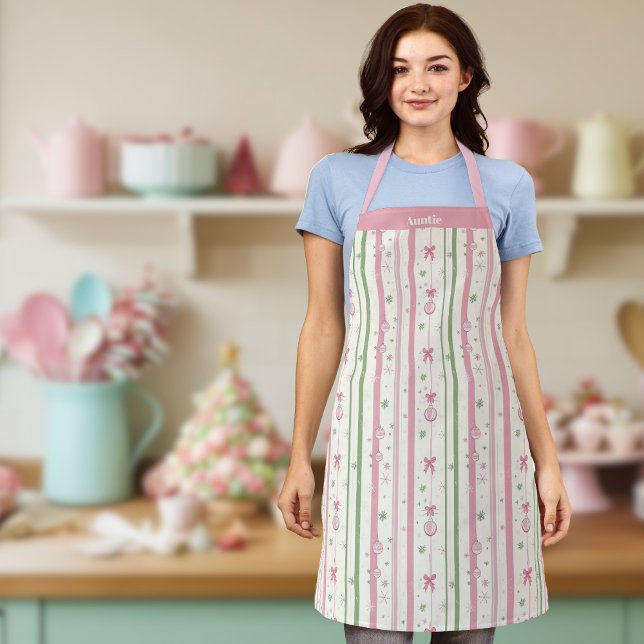 Delantal Personalized Pink Coquette Auntie Holiday (🎀 Cute "Auntie" personalized Holiday kitchen apron)