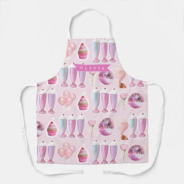 Delantal Personalized Pink Retro Milkshake Cute Coquette (Anverso)