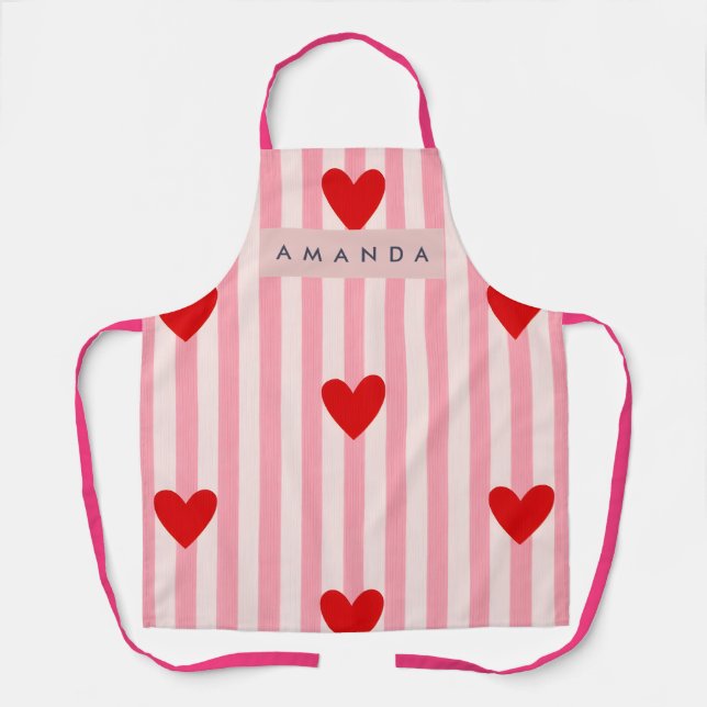 Delantal Personalized Playful Red Heart & Pink Stripe  (Anverso)