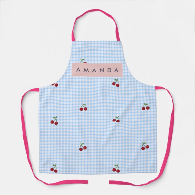 Delantal Personalized Retro Blue Gingham Cherry Print  (Anverso)