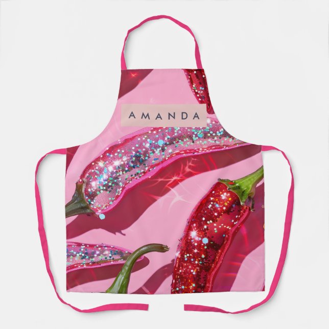 Delantal Personalized Sparkling Hot Pink Glitter Chili (Anverso)