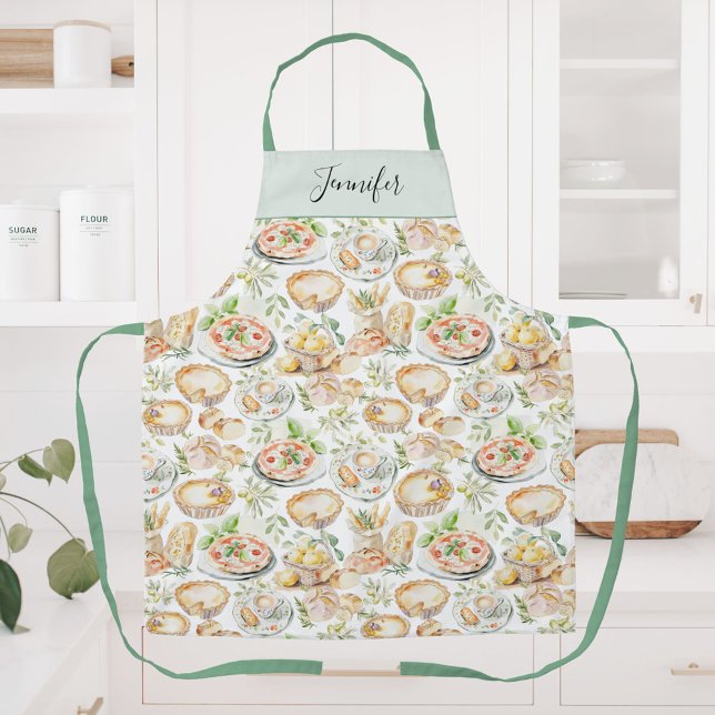 Delantal Personalized Watercolor Mediterranean Food Pattern (In situ)