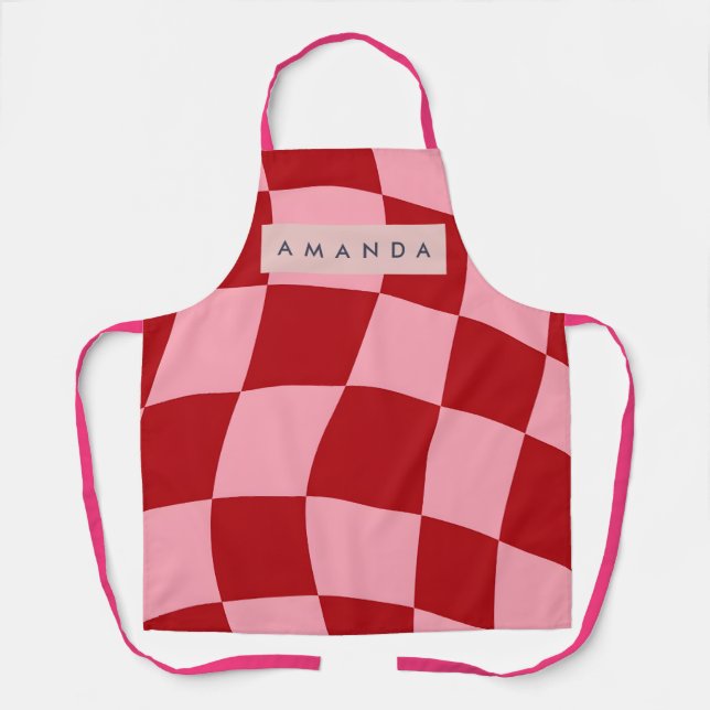 Delantal Personalized Wavy Red and Pink Checkered (Anverso)