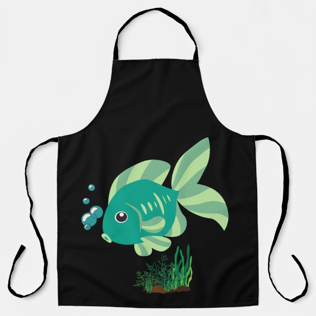 Delantal Pescado verde con burbujas y plantas acuáticas (Anverso)