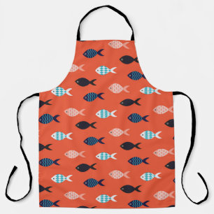 Delantal Pescado vintage, patrón de coral rojo.