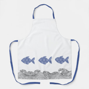 Delantal Pescado y olas costeras azules