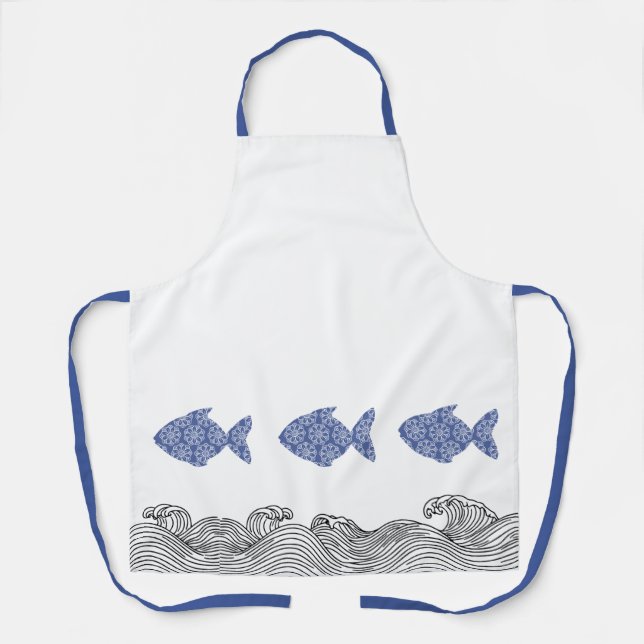 Delantal Pescado y olas costeras azules (Anverso)