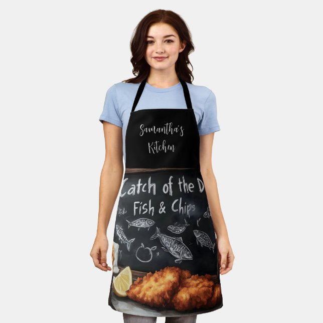 Delantal Pescado y patatas clásicas y Ilustracion de pizarr (Gastado)