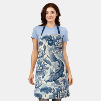 Delantal Pez Koi Nenúfar Azul Chinoiserie Toile Inicial