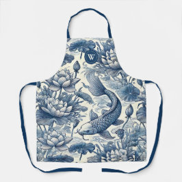 Delantal Pez Koi Nenúfar Azul Chinoiserie Toile Inicial