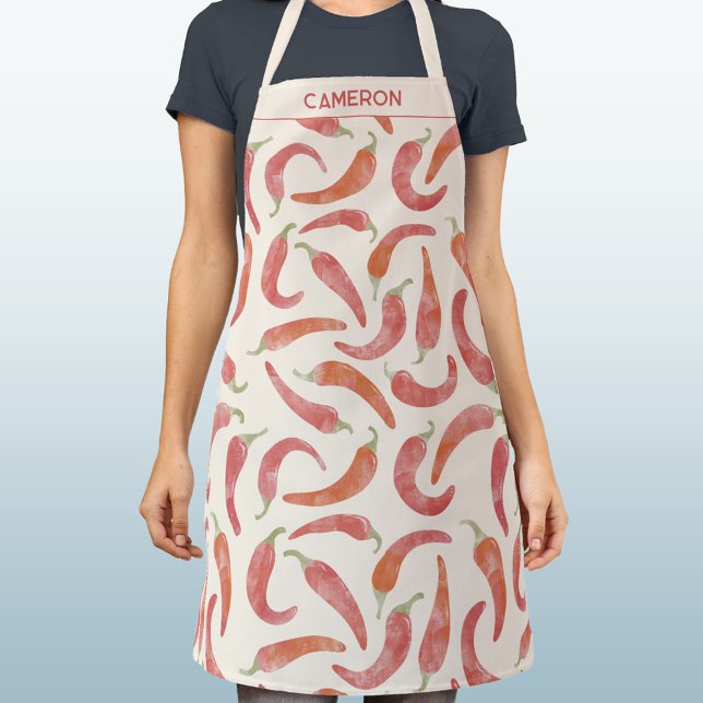 Delantal Pimiento rojo crema acuarela personalizada (Personalized custom name red chili pepper hot and spicy apron for cook, chef, cafe, restaurant)