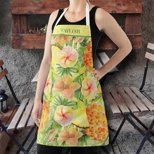 Delantal Piña y flores personalizadas (Pineapple and tropical flowers personalized apron)