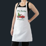 Delantal Pincel Script Vintage Camión Árbol de Navidad Blan<br><div class="desc">Camión rojo vintage con color de agua con árbol de Navidad - Apron verde y blanco navideño</div>
