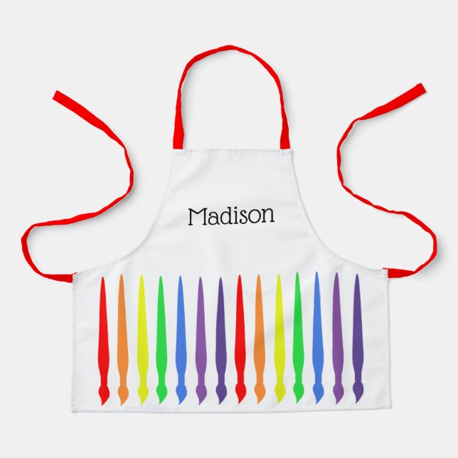 Delantal Pinceles de arcoiris y tu nombre en un niño (Anverso)