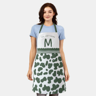 Delantal Pine Green Custom Name & Monogram Cow Pattern