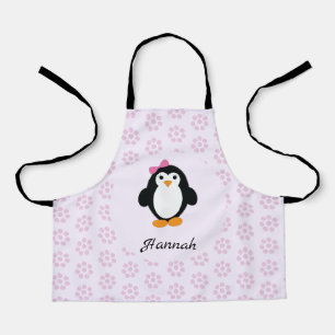 Delantal Pingüino Chica con fondo de margarita rosa